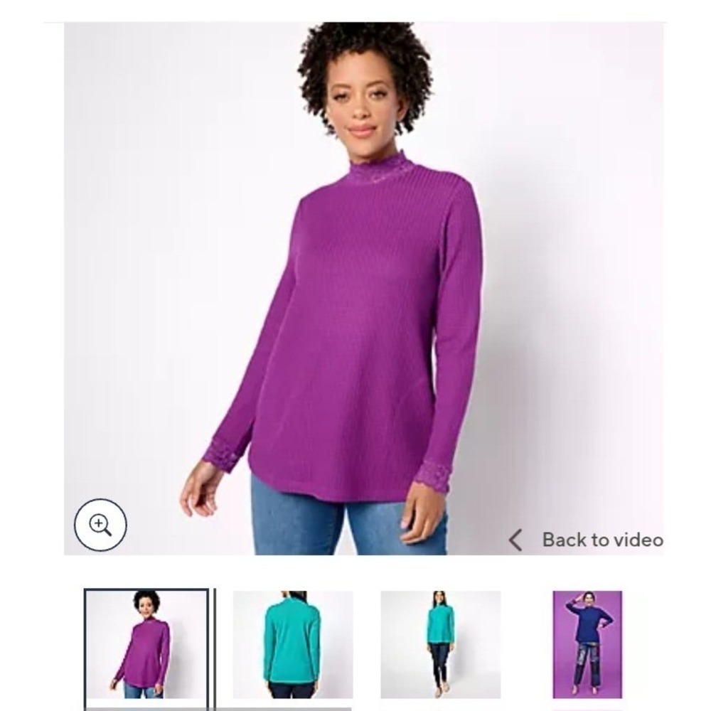 LOGO‎ by Lori Goldstein Purple glitter Waffle Knit Metallic Lace Mock Neck Top S